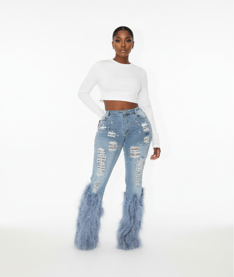 Ice Luxe Feather Flare Jeans – High Waisted Rhinestone Statement Denim