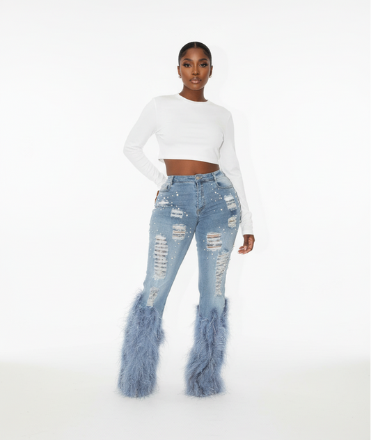 Ice Luxe Feather Flare Jeans – High Waisted Rhinestone Statement Denim